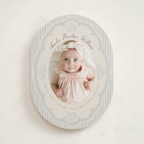 This is a powder birth announcements with standard by Vera Lim called vintage lace stripes printing on recycled smooth signature in standard