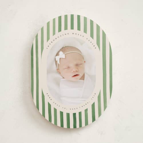 This is a candy apple birth announcements with standard by Teju Reval called vintage stripes printing on recycled smooth signature in standard