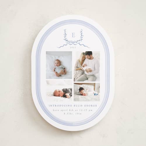 This is a frost birth announcements with standard by Corinne Malesic called festive monogram printing on recycled smooth signature in standard