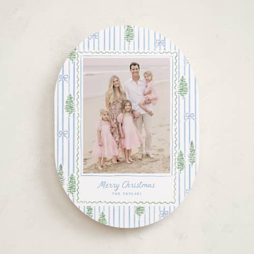 This is a blue jay photo christmas cards with standard by Creo Study called trees and bows printing on recycled smooth signature in standard