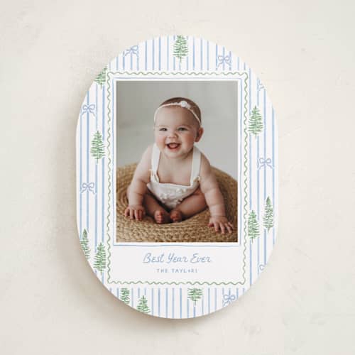 This is a blue jay photo christmas cards with standard by Creo Study called trees and bows printing on recycled smooth signature in standard