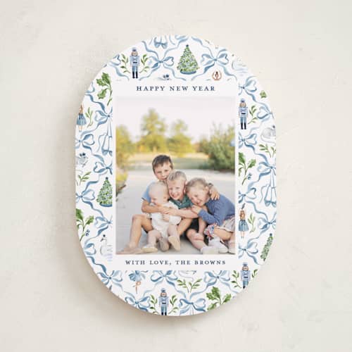 This is a blue ribbon photo christmas cards with standard by Sarah Knight called nutcracker ribbons printing on recycled smooth signature in standard