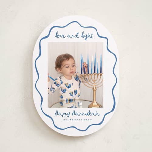 This is a cerulean hanukkah cards with standard by Tamara Hilje called happy border printing on recycled smooth signature in standard