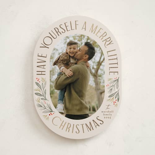 This is a linen foil pressed holiday cards with foil pressed by Karidy Walker called merry little christmas time printing on recycled smooth signature in standard