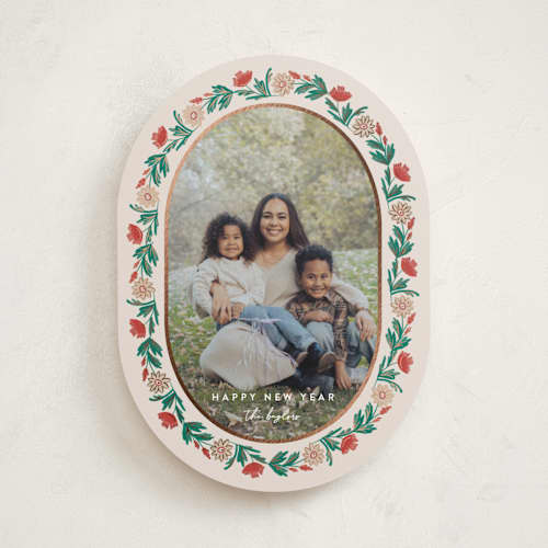 This is a eggnog foil pressed holiday cards with foil pressed by Amy Kross called laurel edge printing on recycled smooth signature in standard