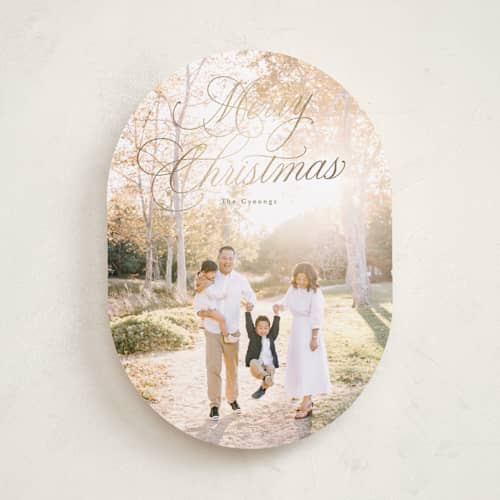 This is a golden foil pressed holiday cards with foil pressed by Rebecca Durflinger called christmas splendor printing on recycled smooth signature in standard