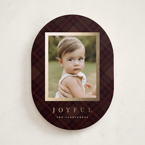 This is a cranberry foil pressed holiday cards with foil pressed by Olivia Kanaley Inman called balmoral green printing on recycled smooth signature in standard