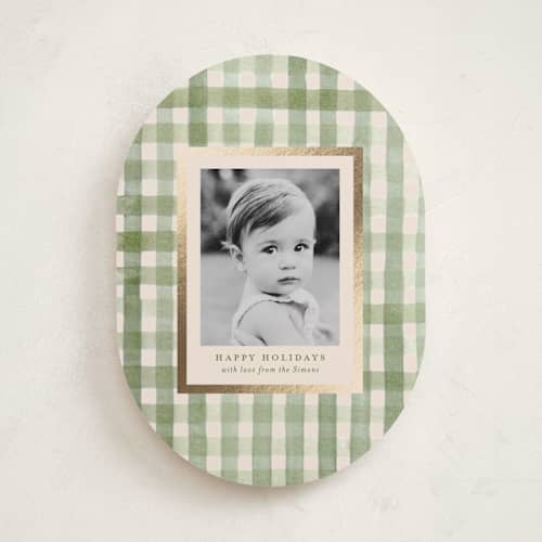 This is a sage foil pressed holiday cards with foil pressed by Meagan Christensen called gingham printing on recycled smooth signature in standard