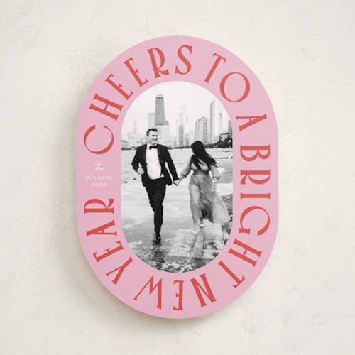 This is a peppermint new year photo cards with standard by Erin German called cheers to a bright new year printing on recycled smooth signature in standard