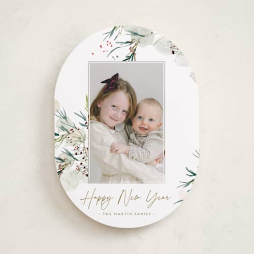 This is a sage holiday photo cards with standard by Eve Schultz called tossed printing on recycled smooth signature in standard