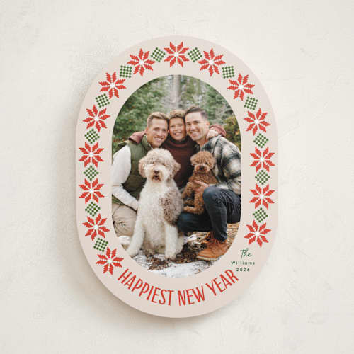 This is a linen holiday photo cards with standard by Karidy Walker called cozy knit christmas printing on recycled smooth signature in standard