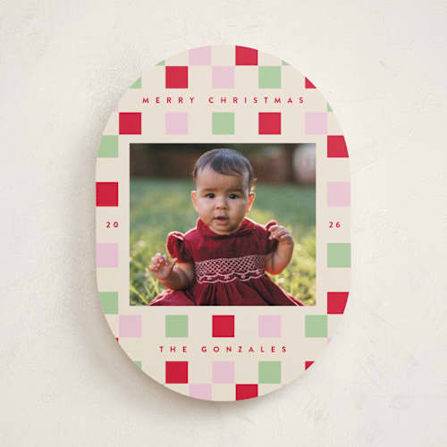 This is a cranberry holiday photo cards with standard by Katie Zimpel called happy checkers printing on recycled smooth signature in standard