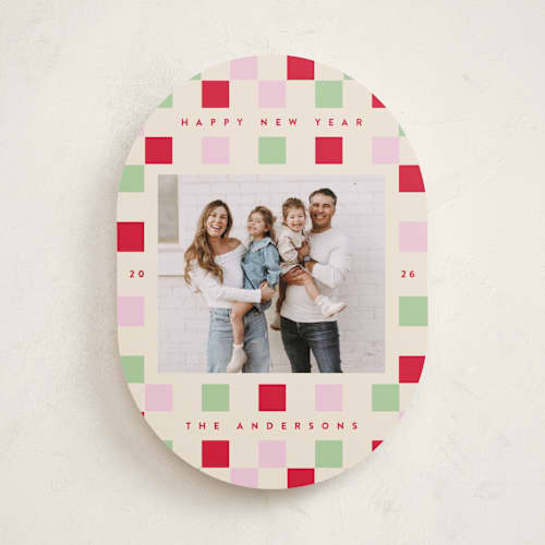 This is a cranberry holiday photo cards with standard by Katie Zimpel called happy checkers printing on recycled smooth signature in standard