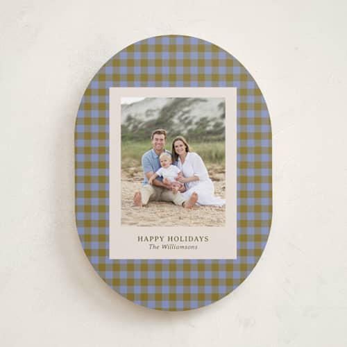 This is a blueberry holiday photo cards with standard by Beth Vassalo called cozy gingham printing on recycled smooth signature in standard