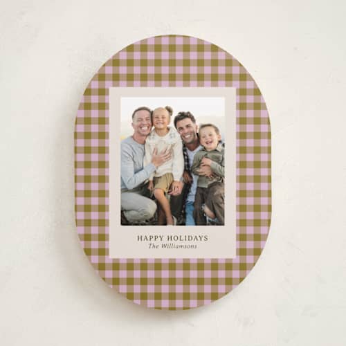 This is a peony holiday photo cards with standard by Beth Vassalo called cozy gingham printing on recycled smooth signature in standard