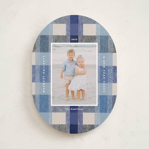 This is a blueberry holiday photo cards with standard by Carrie Moradi called cozy checked plaid printing on recycled smooth signature in standard