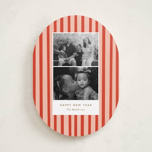 This is a candy cane holiday photo cards with standard by Bethan called striped snaps printing on recycled smooth signature in standard