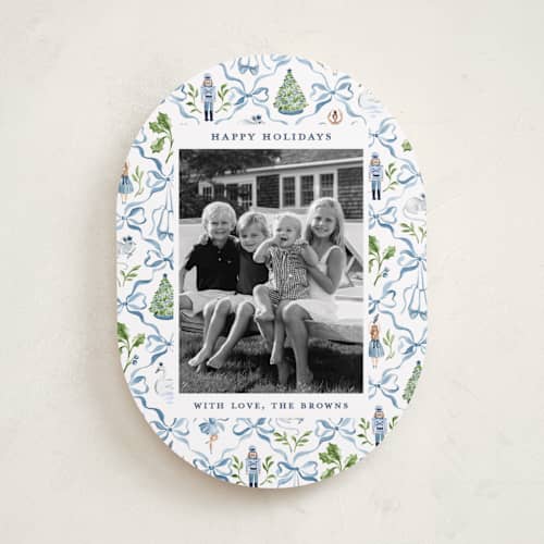 This is a blue ribbon holiday photo cards with standard by Sarah Knight called nutcracker ribbons printing on recycled smooth signature in standard