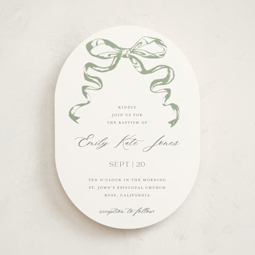 This is a mint baptism and christening announcements with standard by Teju Reval called big bow printing on signature in standard