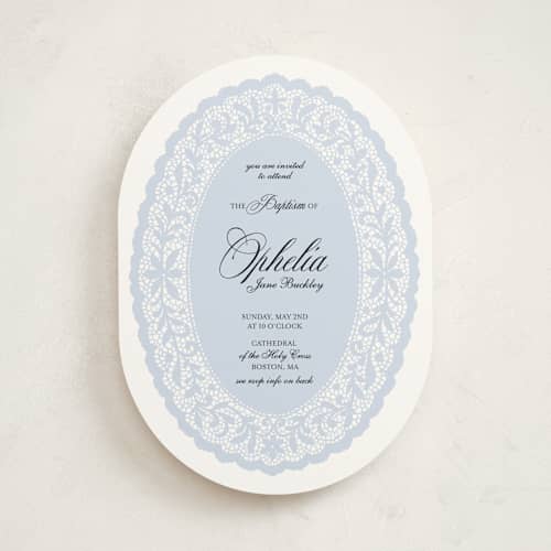 This is a powder baptism and christening announcements with standard by Studio Suku called lace oval printing on signature in standard