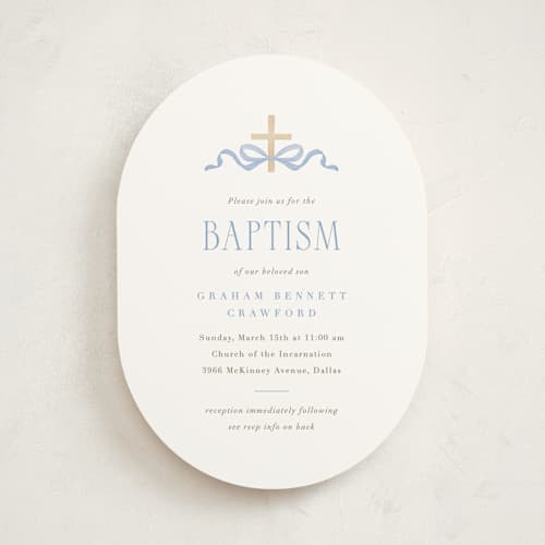 This is a celestial baptism and christening announcements with standard by Olivia Raufman called ribbon and cross printing on signature in standard