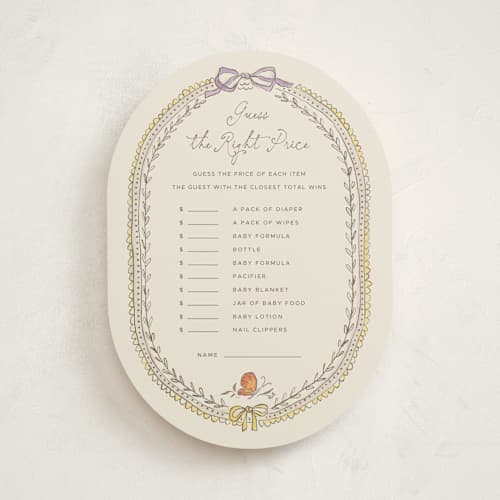 This is a linen baby shower game activity cards with standard by Vera Lim called woodland magic printing on signature in standard