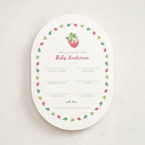 This is a strawberry baby shower game activity cards with standard by Holton Art and Design called someone berry special printing on signature in standard