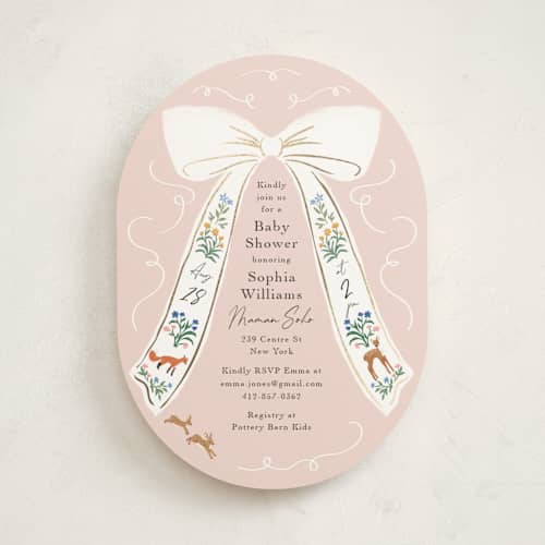 This is a petal foil stamped baby shower invitations with foil pressed by Elly called ribbon in bloom printing on signature in standard