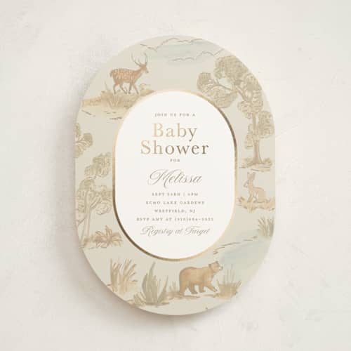 This is a bamboo foil stamped baby shower invitations with foil pressed by Teju Reval called woodland animals toile printing on signature in standard