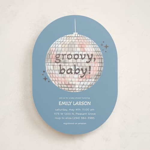 This is a cobalt foil stamped baby shower invitations with foil pressed by Janna Sue Design called groovy baby printing on signature in standard