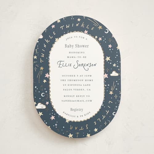 This is a celestial foil stamped baby shower invitations with foil pressed by Leah Bisch called stellar printing on signature in standard