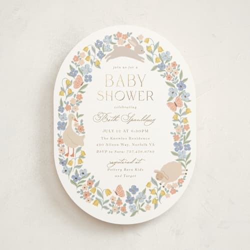 This is a meadow foil stamped baby shower invitations with foil pressed by Brandy Folse called spring awakening printing on signature in standard