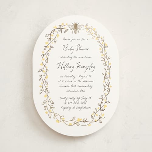This is a buttercup foil stamped baby shower invitations with foil pressed by Heather Schertzer called soon to bee printing on signature in standard