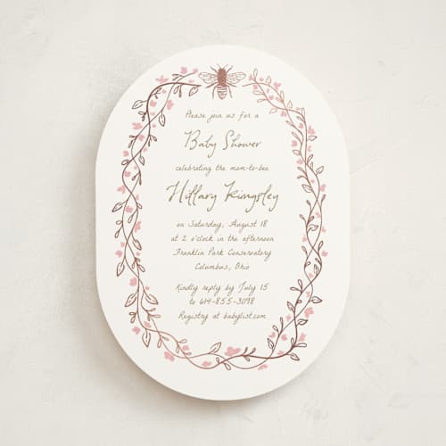 This is a rosebud foil stamped baby shower invitations with foil pressed by Heather Schertzer called soon to bee printing on signature in standard