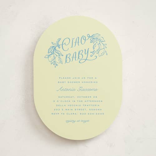 This is a lemonade baby shower invitations with standard by Pati Cascino called ciao baby printing on signature in standard