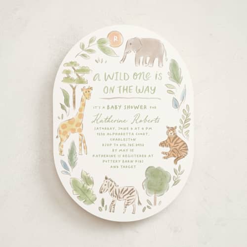 This is a jungle baby shower invitations with standard by Creo Study called a wild one printing on signature in standard