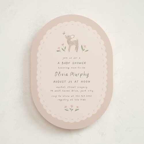 This is a blush baby shower invitations with standard by JeAnna Casper called woodland fawn printing on signature in standard
