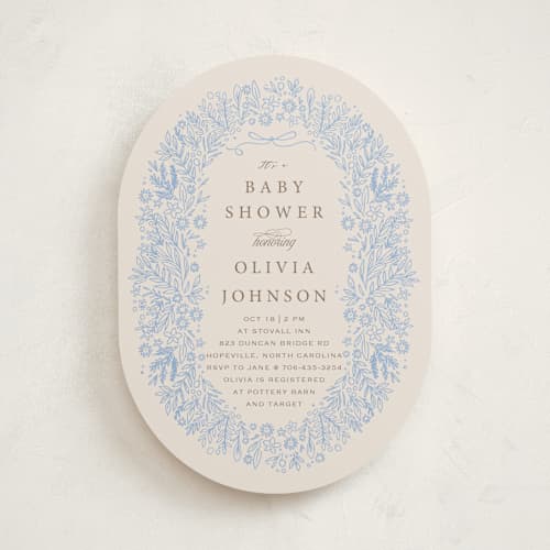 This is a bluebell baby shower invitations with standard by Hannah Williams called blooming foil oval printing on signature in standard