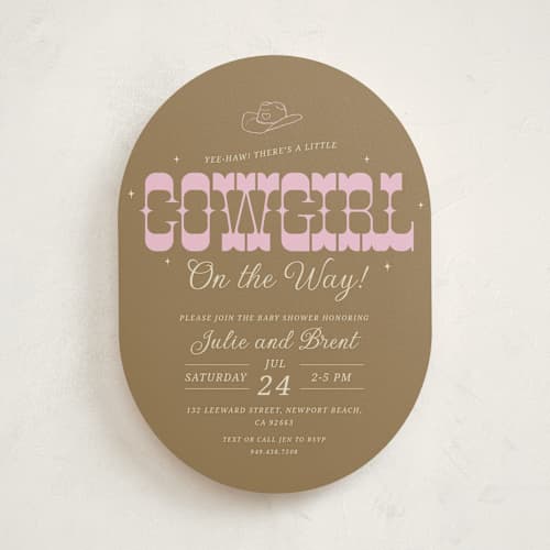 This is a cocoa baby shower invitations with standard by Maggie Daugherty called cowgirl on the way! printing on signature in standard