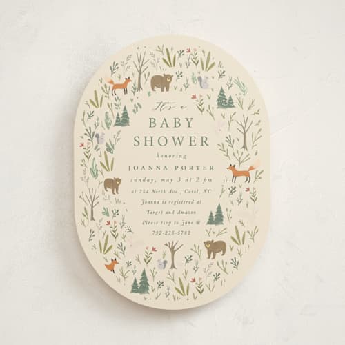 This is a sand baby shower invitations with standard by Hannah Williams called oval forest printing on signature in standard