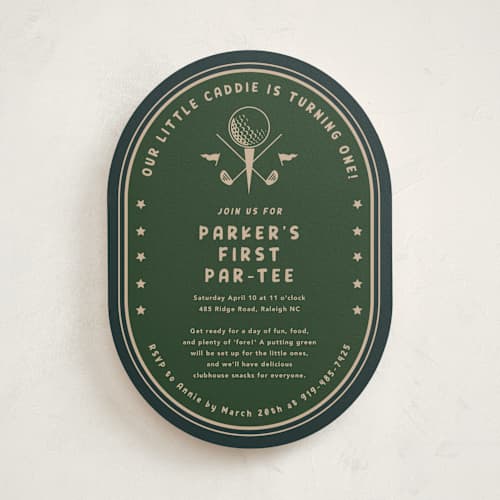 This is a evergreen kids birthday invitations with standard by Susan Zinader called par-tee printing on signature in standard