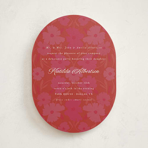 This is a flamingo debutante party invitations with standard by Morgan Kendall called baroque printing on signature in standard