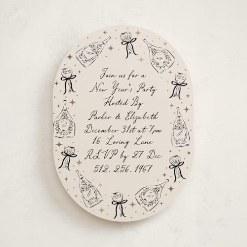 This is a noir holiday party invitations with foil pressed by Jackie Crawford called champagne new year printing on signature in standard