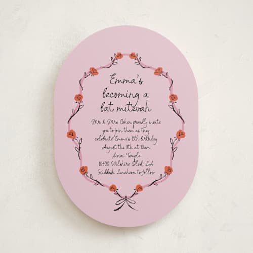 This is a classic bar mitzvah bat mitzvah invitations with standard by mo kelley called rose crest printing on signature in standard