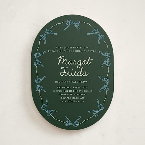 This is a forest bar mitzvah bat mitzvah invitations with standard by Aviva Atri called oval bow wreath printing on signature in standard