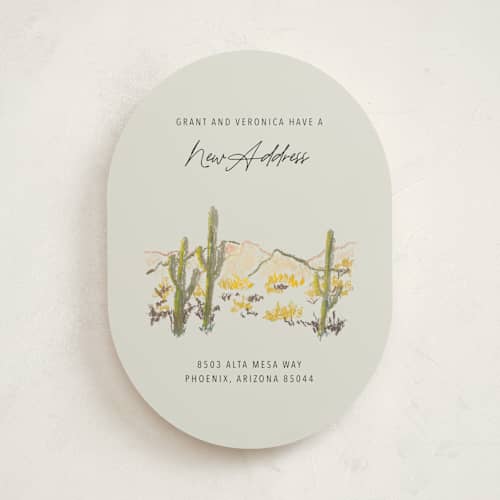 This is a olive moving announcements with standard by Cass Loh called desert crayon drawing printing on signature in standard