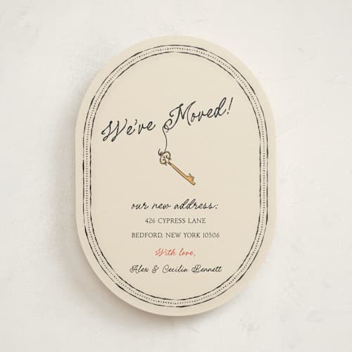 This is a ivory moving announcements with standard by Sarah Rosenthal called key moment printing on signature in standard