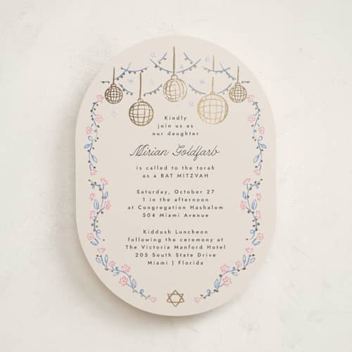 This is a peony bar mitzvah bat mitzvah invitations with foil pressed by Pati Cascino called disco flower printing on signature in standard