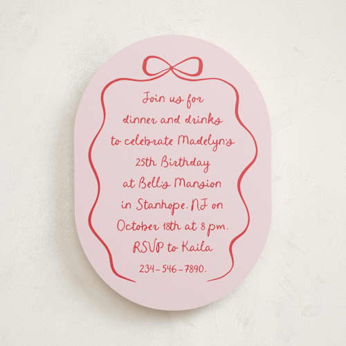 This is a raspberry party invitations with standard by Randi Cirelli called birthday bow printing on signature in standard