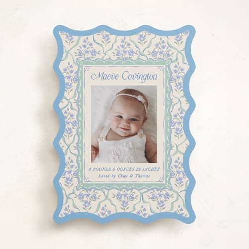 This is a periwinkle birth announcements with standard by Jackie Crawford called highgrove printing on recycled smooth signature in standard